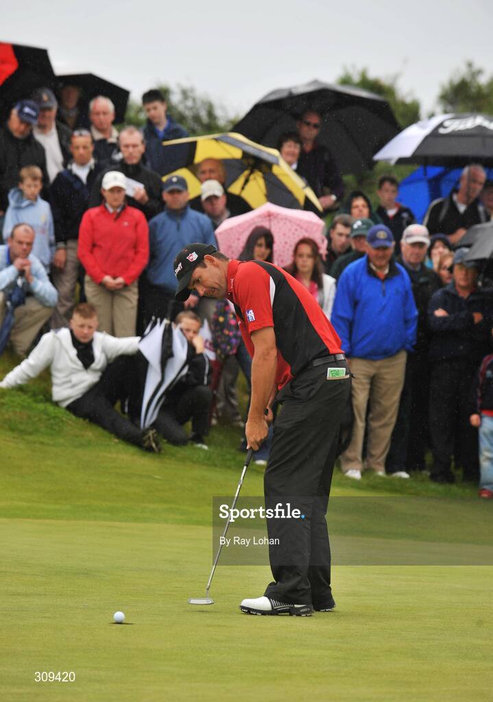 12 July 2008; Padraig Harrington putts on the 18th to win the Ladbrokes.com Irish PGA Championship, The European Club, Co. Wicklow. Picture credit: Ray Lohan / SPORTSFILE *** Local Caption ***