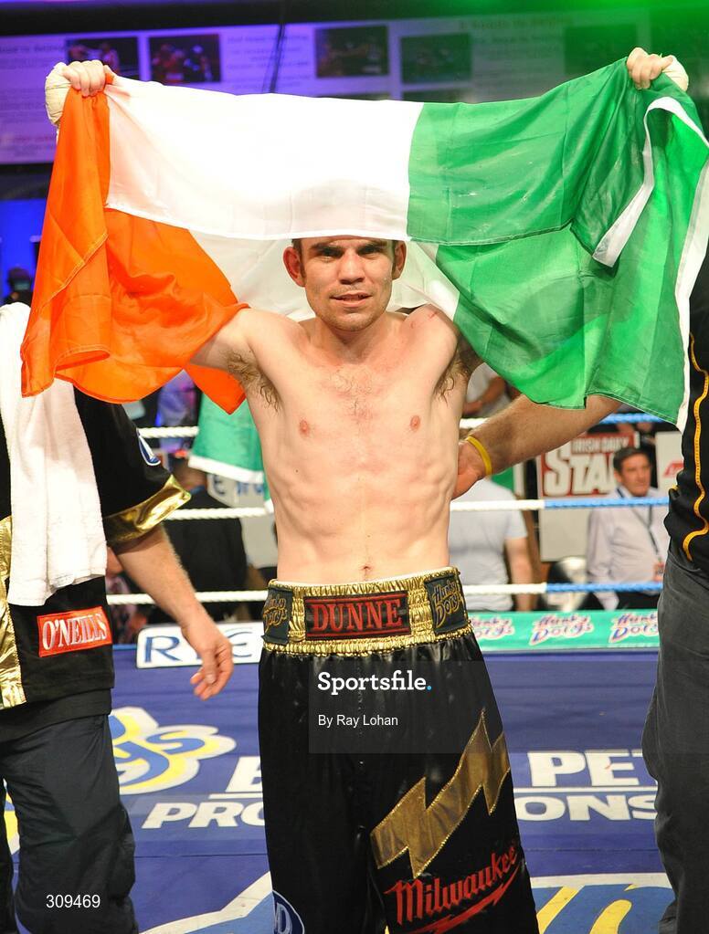 12 July 2008; Bernard Dunne celebrates with after defeating Damian Marchiano to win the International Super Bantamweight, Hunky Dory Fight Night, Irish Lighweight Championship, National Stadium, Dublin. Picture credit: Ray Lohan / SPORTSFILE *** Local Caption ***