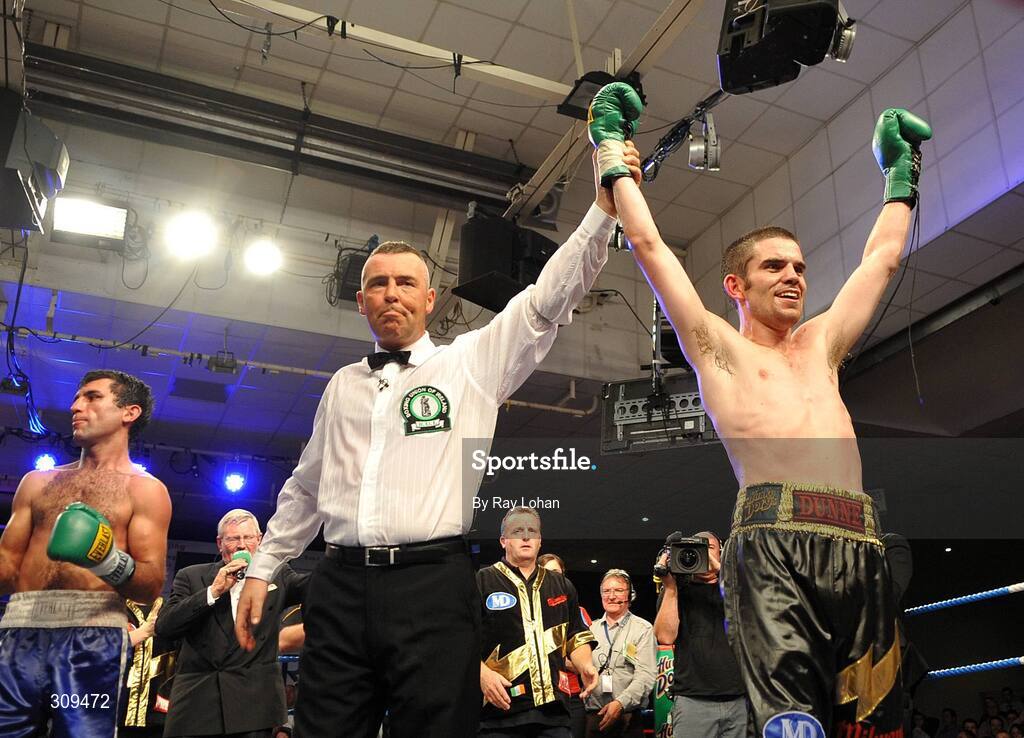 12 July 2008; Bernard Dunne celebrates after defeating Damian Marchiano to win the International Super Bantamweight, Hunky Dory Fight Night, Irish Lighweight Championship, National Stadium, Dublin. Picture credit: Ray Lohan / SPORTSFILE *** Local Caption ***