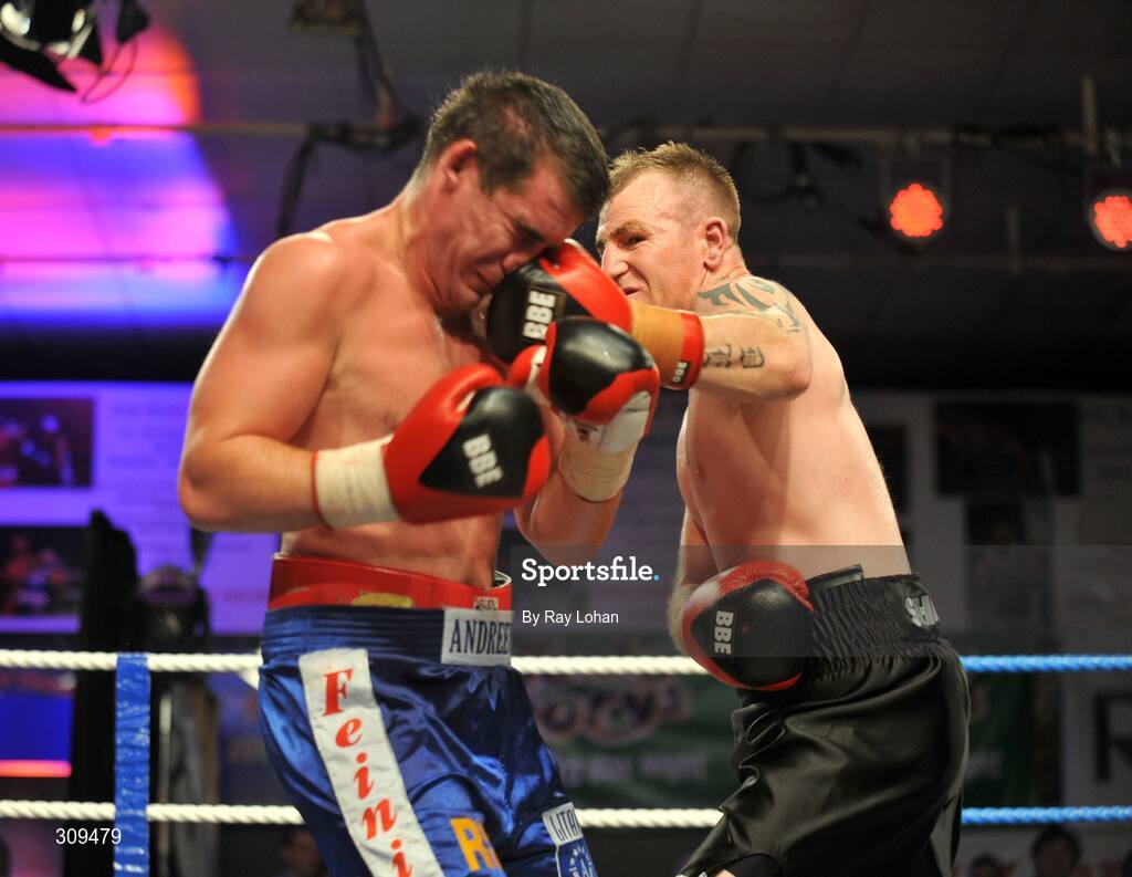 12 July 2008; Ian Tims, right, lands a punch on Jevgenijs Andrejevs, International Cruiserweight, Hunky Dory Fight Night, Irish Lighweight Championship, National Stadium, Dublin. Picture credit: Ray Lohan / SPORTSFILE *** Local Caption ***