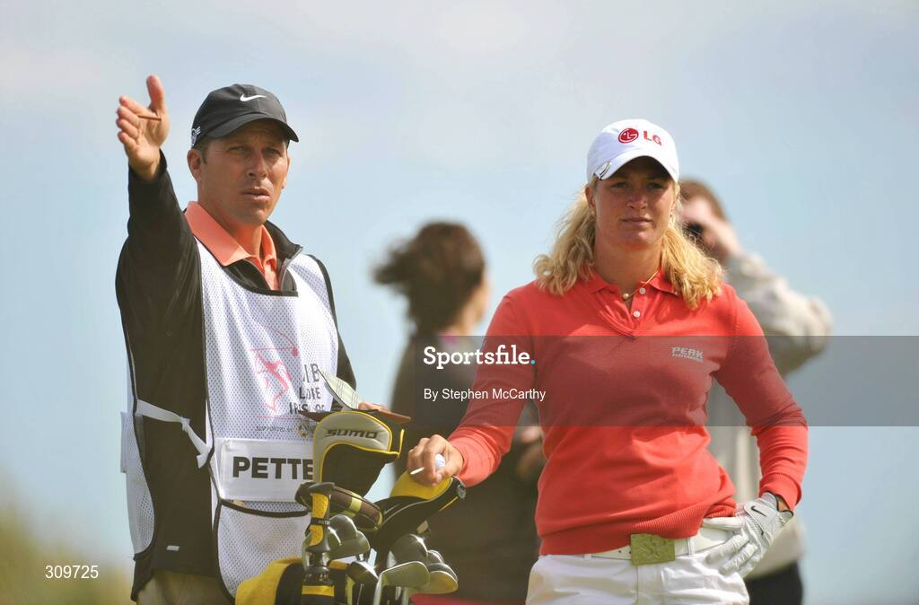 13 July 2008; Suzann Pettersen, Norway, and caddy Greg Johnson discuss tactics on the 18th tee box during the final round of the AIB Ladies Irish Open Golf Championship. Portmarnock Hotel and Golf Links, Co. Dublin. Picture credit: Stephen McCarthy / SPORTSFILE