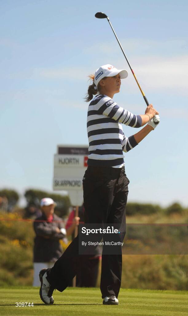 13 July 2008; Marianne Skarpnord, Norway, watches her tee shot from the 2nd during the final round of the AIB Ladies Irish Open Golf Championship. Portmarnock Hotel and Golf Links, Co. Dublin. Picture credit: Stephen McCarthy / SPORTSFILE