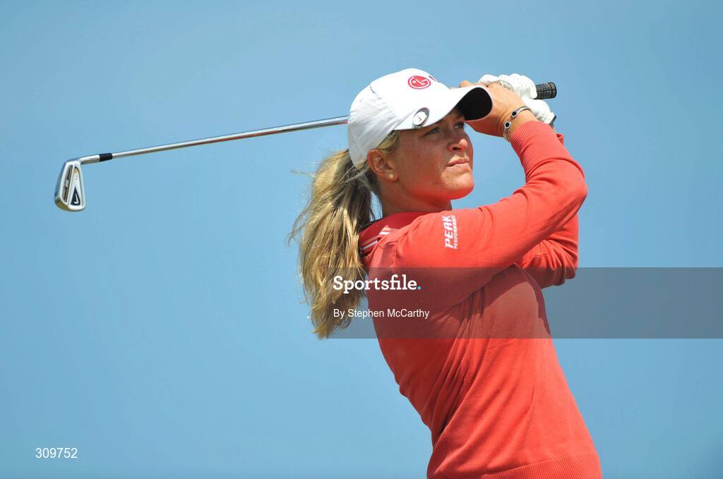 13 July 2008; Suzann Pettersen, Norway, watches her tee shot during the final round of the AIB Ladies Irish Open Golf Championship. Portmarnock Hotel and Golf Links, Co. Dublin. Picture credit: Stephen McCarthy / SPORTSFILE