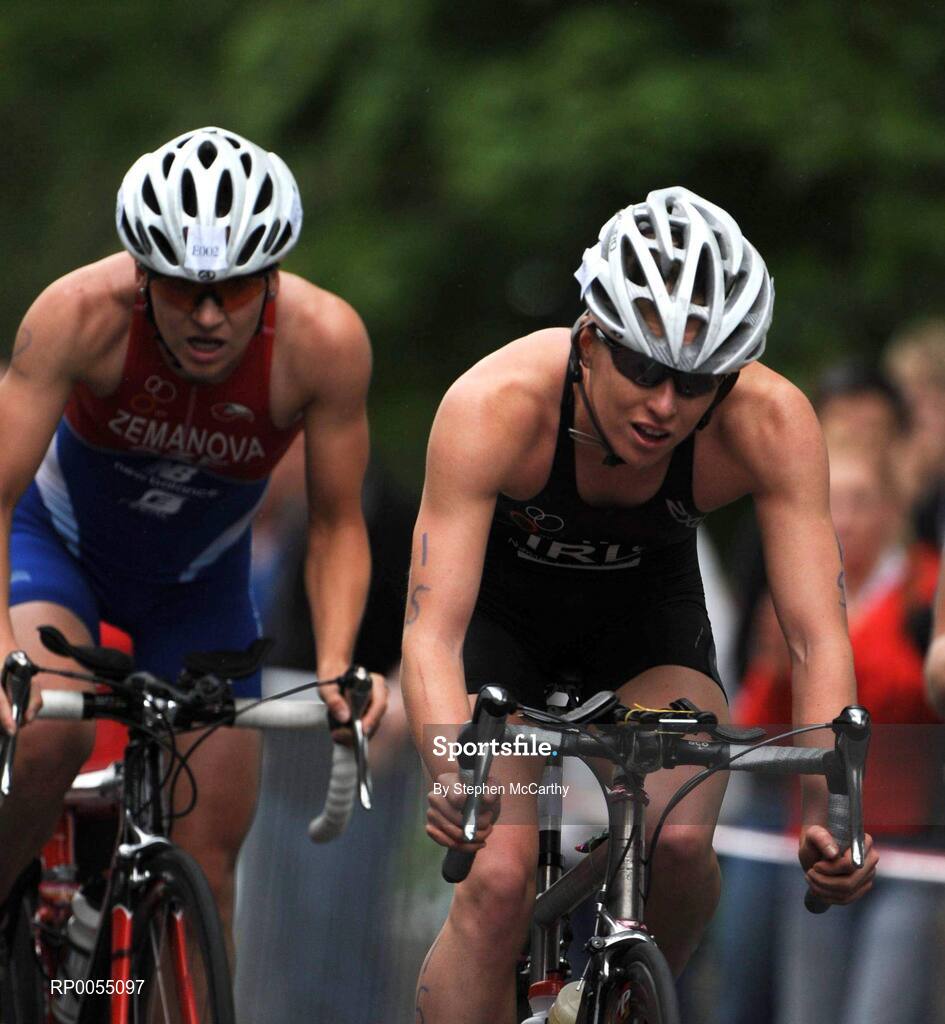 12 July 2008; Emma Davis, Ireland, leads Lenka Zemanova, Czech Republic, during the cycling discipline of the Women's Elite Race at the triAthlone event. Over 1,500 competitiors took part in the third running of triAthlone sponsored by Waterways Ireland. TriAthlone will host the European Triathlon Championships in 2010, this will be the first time the event has ever been held in Ireland. Waterways Ireland triAthlone Triathlon, Athlone, Co. Westmeath. Picture credit: Stephen McCarthy / SPORTSFILE