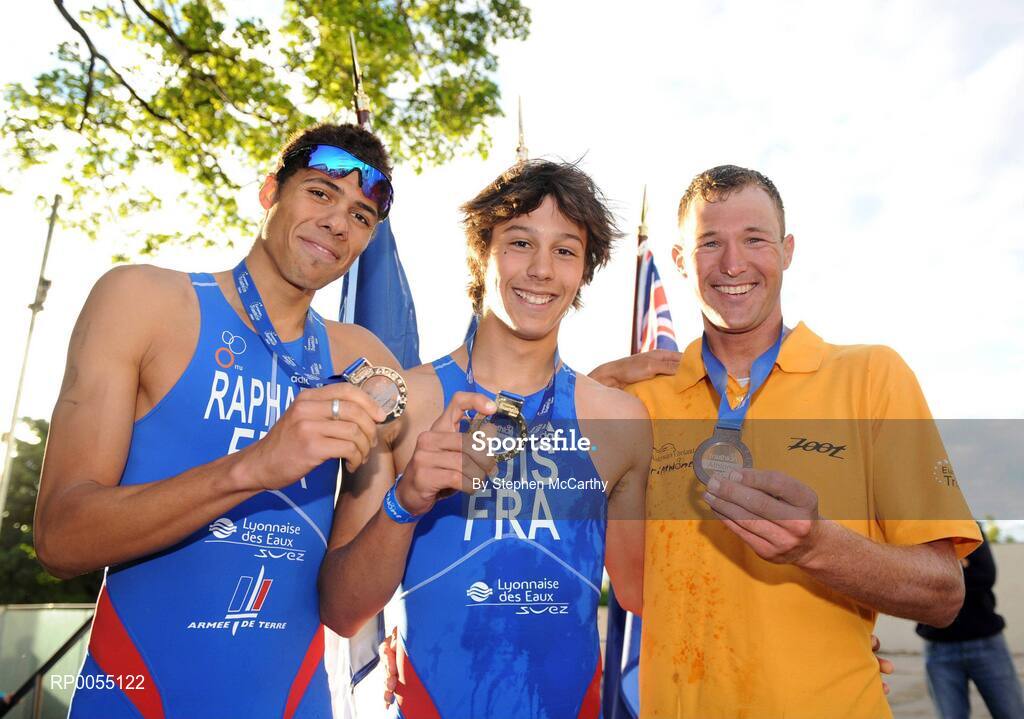 12 July 2008; Men's Elite Race winner Vincent Luis, France, with second place Aurelien Raphael, France, left, and third place, Aaron Farlow, Australia, right, at the triAthlone event. Over 1,500 competitiors took part in the third running of triAthlone sponsored by Waterways Ireland. TriAthlone will host the European Triathlon Championships in 2010, the first time the event has ever been held in Ireland. Waterways Ireland triAthlone Triathlon, Athlone, Co. Westmeath. Picture credit: Stephen McCarthy / SPORTSFILE