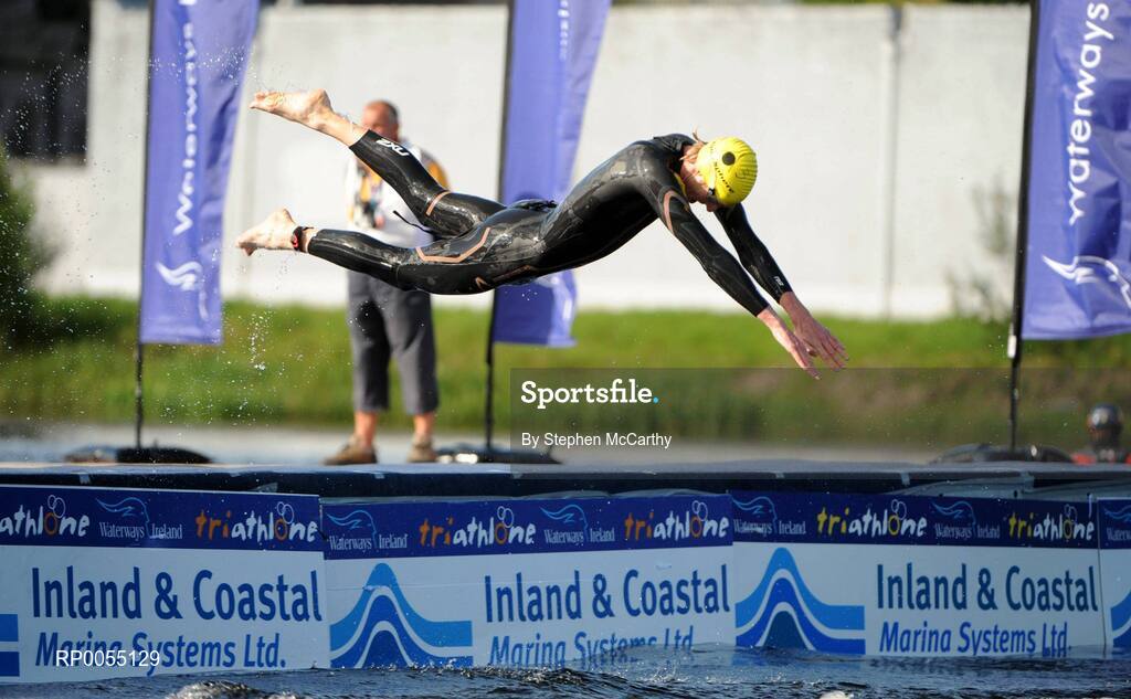 12 July 2008; Gavin Noble, Ireland, dives into the water during the swimming discipline of the Men's Elite Race at the triAthlone event. Over 1,500 competitiors took part in the third running of triAthlone sponsored by Waterways Ireland. TriAthlone will host the European Triathlon Championships in 2010, the first time the event has ever been held in Ireland. Waterways Ireland triAthlone Triathlon, Athlone, Co. Westmeath. Picture credit: Stephen McCarthy / SPORTSFILE