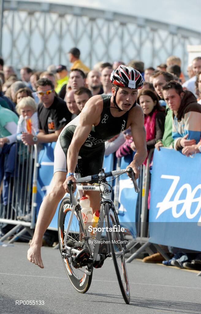 12 July 2008; Colin Bolger, Ireland, struggles to find his balance on his bike after comming through the transition zone between the swimming and cycling disciplines of the Men's Elite Race at the triAthlone event. Over 1,500 competitors took part in the third running of triAthlone sponsored by Waterways Ireland. triAthlone will host the European Triathlon Championships in 2010, the first time the event has ever been held in Ireland. Waterways Ireland triAthlone Triathlon, Athlone, Co. Westmeath. Picture credit: Stephen McCarthy / SPORTSFILE
