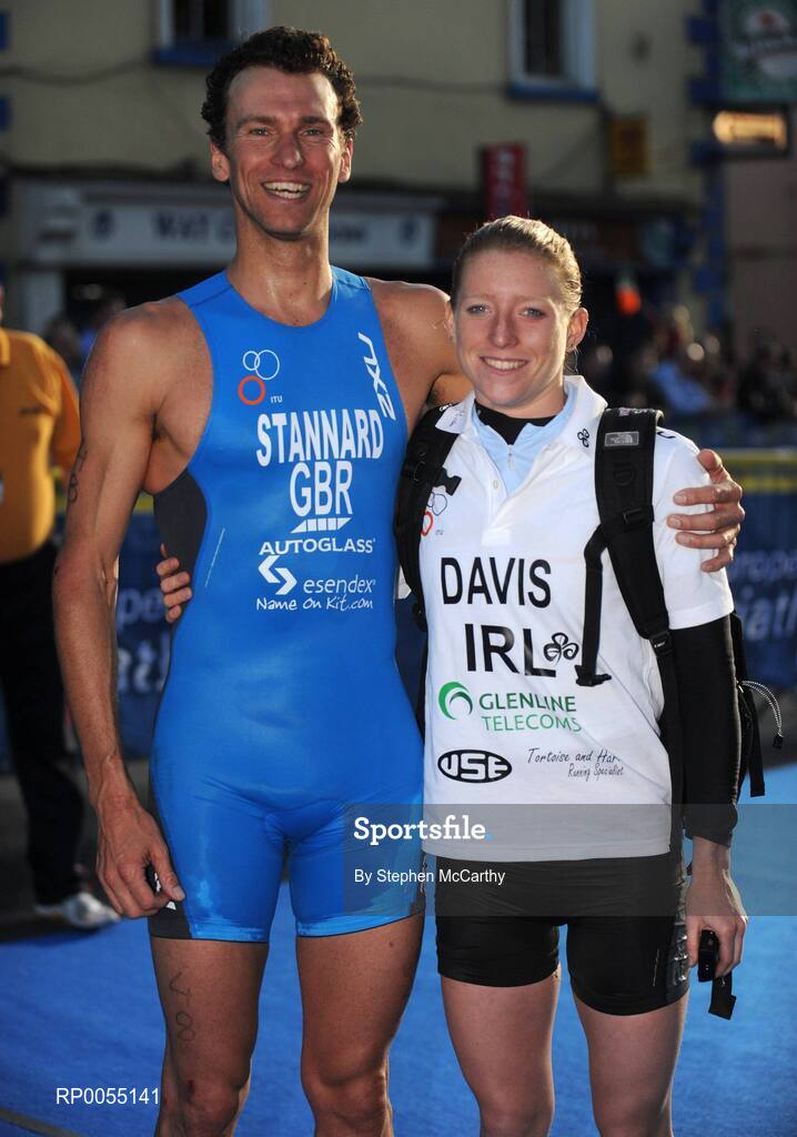 12 July 2008; Emma Davis, Ireland, with her coach and boyfirend Richard Stannard, Great Britian, after the Men's Elite Race at the triAthlone event. Over 1,500 competitors took part in the third running of triAthlone sponsored by Waterways Ireland. triAthlone will host the European Triathlon Championships in 2010, the first time the event has ever been held in Ireland. Waterways Ireland triAthlone Triathlon, Athlone, Co. Westmeath. Picture credit: Stephen McCarthy / SPORTSFILE