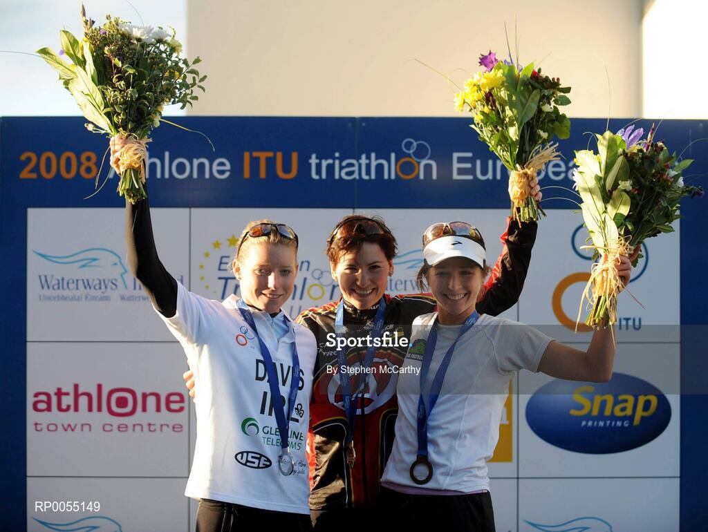 12 July 2008; Winner of the Women's Elite Race Lenka Zemanova, Czech Republic with second place Emma Davis, Ireland, left, and third place, Felicity Sheedy-Ryan, Australia, at the triAthlone event. Over 1,500 competitors took part in the third running of triAthlone sponsored by Waterways Ireland. triAthlone will host the European Triathlon Championships in 2010, the first time the event has ever been held in Ireland. Waterways Ireland triAthlone Triathlon, Athlone, Co. Westmeath. Picture credit: Stephen McCarthy / SPORTSFILE