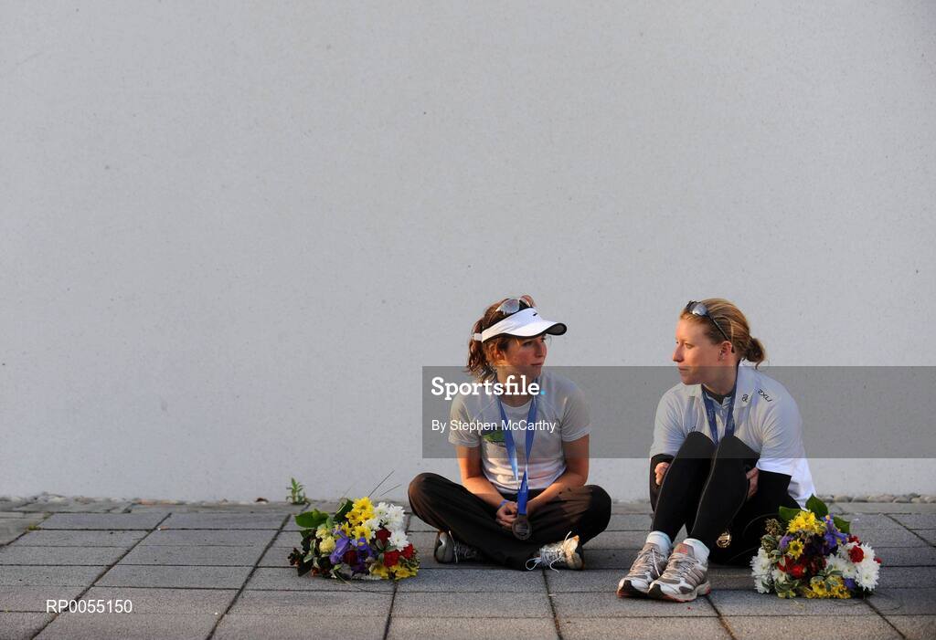12 July 2008; Second placed Emma Davis, Ireland, right, chats with third placed Felicity Sheedy-Ryan, Australia, after the Women's Elite Race at the triAthlone event. Over 1,500 competitiors took part in the third running of triAthlone sponsored by Waterways Ireland. TriAthlone will host the European Triathlon Championships in 2010, the first time the event has ever been held in Ireland. Waterways Ireland triAthlone Triathlon, Athlone, Co. Westmeath. Picture credit: Stephen McCarthy / SPORTSFILE