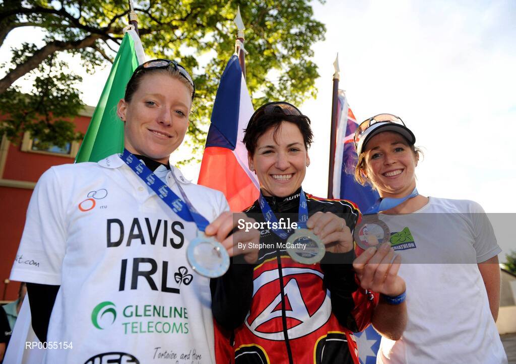 12 July 2008; Winner of the Women's Elite Race Lenka Zemanova, Czech Republic, centre, with second place Emma Davis, Ireland, left, and third place, Felicity Sheedy-Ryan, Australia, right, at the triAthlone event. Over 1,500 competitors took part in the third running of triAthlone sponsored by Waterways Ireland. triAthlone will host the European Triathlon Championships in 2010, the first time the event has ever been held in Ireland. Waterways Ireland triAthlone Triathlon, Athlone, Co. Westmeath. Picture credit: Stephen McCarthy / SPORTSFILE