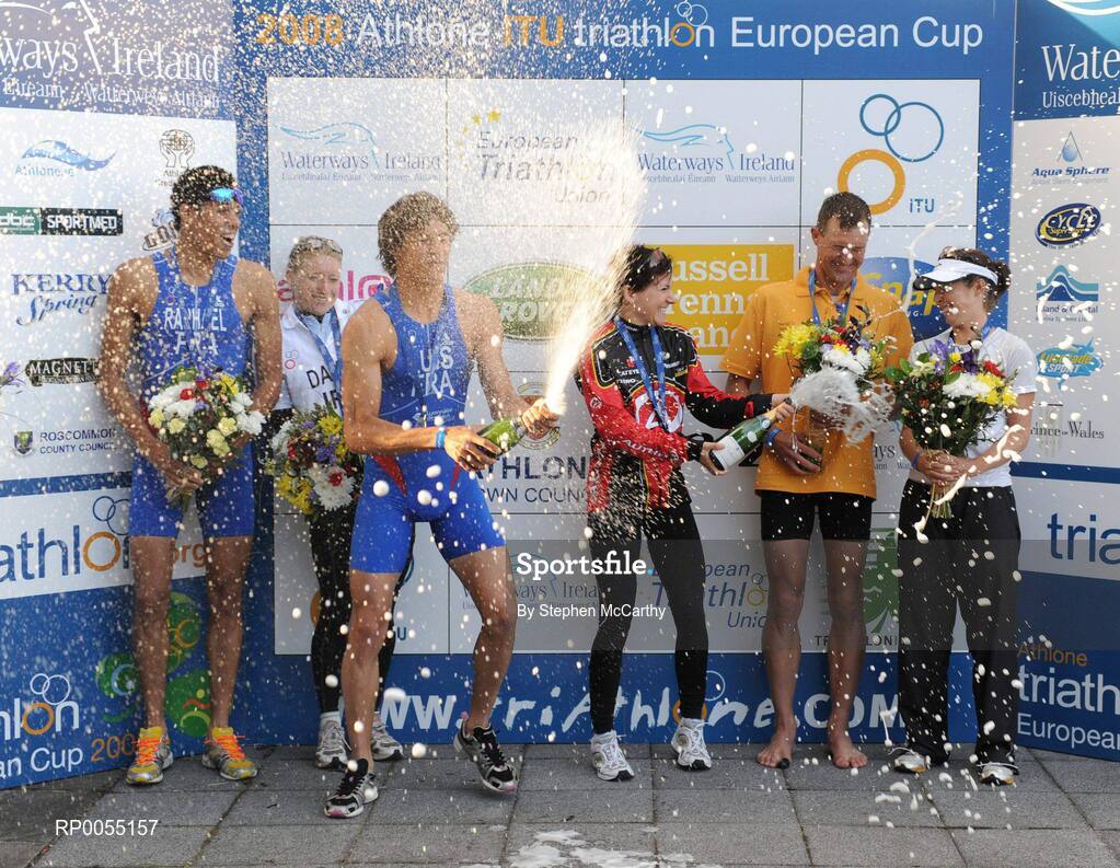 12 July 2008; Winners of the Men's and Women's Elite Races, from left, Aurelien Raphael, France, second place, Emma Davis, Ireland, second place, Vincent Luis, France, winner, Lenka Zemanova, Czech Republic, winner, Aaron Farlow, Australia, third place, and Felicity Sheedy-Ryan, Australia, third place, at the triAthlone event. Over 1,500 competitiors took part in the third running of triAthlone sponsored by Waterways Ireland. TriAthlone will host the European Triathlon Championships in 2010, the first time the event has ever been held in Ireland. Waterways Ireland triAthlone Triathlon, Athlone, Co. Westmeath. Picture credit: Stephen McCarthy / SPORTSFILE
