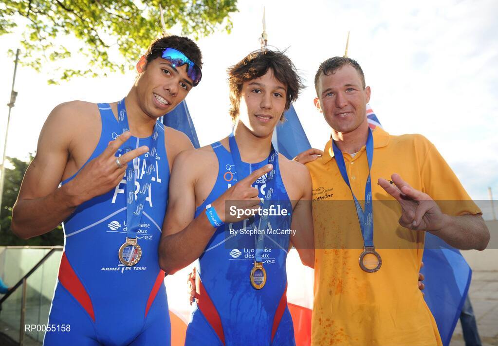 12 July 2008; Men's Elite Race winner Vincent Luis, France, with second place Aurelien Raphael, France, left, and third place, Aaron Farlow, Australia, right, at the triAthlone event. Over 1,500 competitiors took part in the third running of triAthlone sponsored by Waterways Ireland. TriAthlone will host the European Triathlon Championships in 2010, first time the event has ever been held in Ireland. Waterways Ireland triAthlone Triathlon, Athlone, Co. Westmeath. Picture credit: Stephen McCarthy / SPORTSFILE