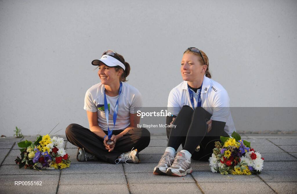 12 July 2008; Second placed Emma Davis, Ireland, right, chats with third placed Felicity Sheedy-Ryan, Australia, after the Women's Elite Race at the triAthlone event. Over 1,500 competitiors took part in the third running of triAthlone sponsored by Waterways Ireland. TriAthlone will host the European Triathlon Championships in 2010, the first time the event has ever been held in Ireland. Waterways Ireland triAthlone Triathlon, Athlone, Co. Westmeath. Picture credit: Stephen McCarthy / SPORTSFILE
