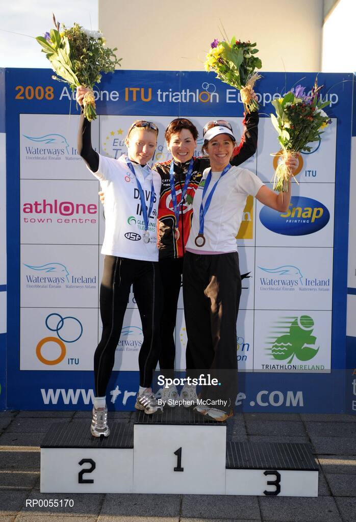 12 July 2008; Winner of the Women's Elite Race Lenka Zemanova, Czech Republic with second place Emma Davis, Ireland, left, and third place, Felicity Sheedy-Ryan, Australia, at the triAthlone event. Over 1,500 competitors took part in the third running of triAthlone sponsored by Waterways Ireland. triAthlone will host the European Triathlon Championships in 2010, the first time the event has ever been held in Ireland. Waterways Ireland triAthlone Triathlon, Athlone, Co. Westmeath. Picture credit: Stephen McCarthy / SPORTSFILE