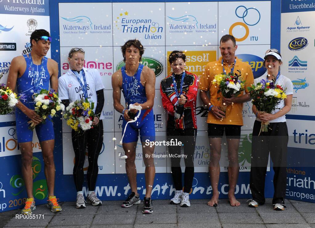 12 July 2008; Winners of the Men's and Women's Elite Races, from left, Aurelien Raphael, France, second place, Emma Davis, Ireland, second place, Vincent Luis, France, winner, Lenka Zemanova, Czech Republic, winner, Aaron Farlow, Australia, third place, and Felicity Sheedy-Ryan, Australia, third place, at the triAthlone event. Over 1,500 competitiors took part in the third running of triAthlone sponsored by Waterways Ireland. TriAthlone will host the European Triathlon Championships in 2010, the first time the event has ever been held in Ireland. Waterways Ireland triAthlone Triathlon, Athlone, Co. Westmeath. Picture credit: Stephen McCarthy / SPORTSFILE