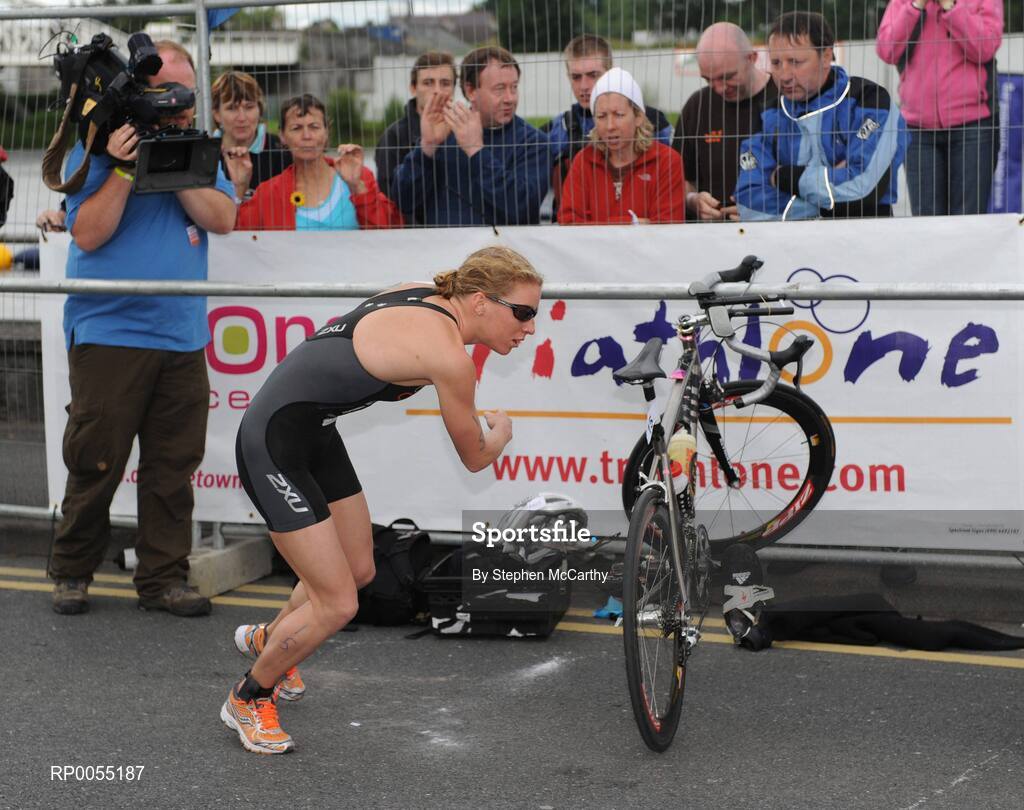 12 July 2008; Emma Davis, Ireland, during the transition zone between the cycling and running disciplines of the Women's Elite Race at the triAthlone event. Over 1,500 competitors took part in the third running of triAthlone sponsored by Waterways Ireland. triAthlone will host the European Triathlon Championships in 2010, the first time the event has ever been held in Ireland. Waterways Ireland triAthlone Triathlon, Athlone, Co. Westmeath. Picture credit: Stephen McCarthy / SPORTSFILE