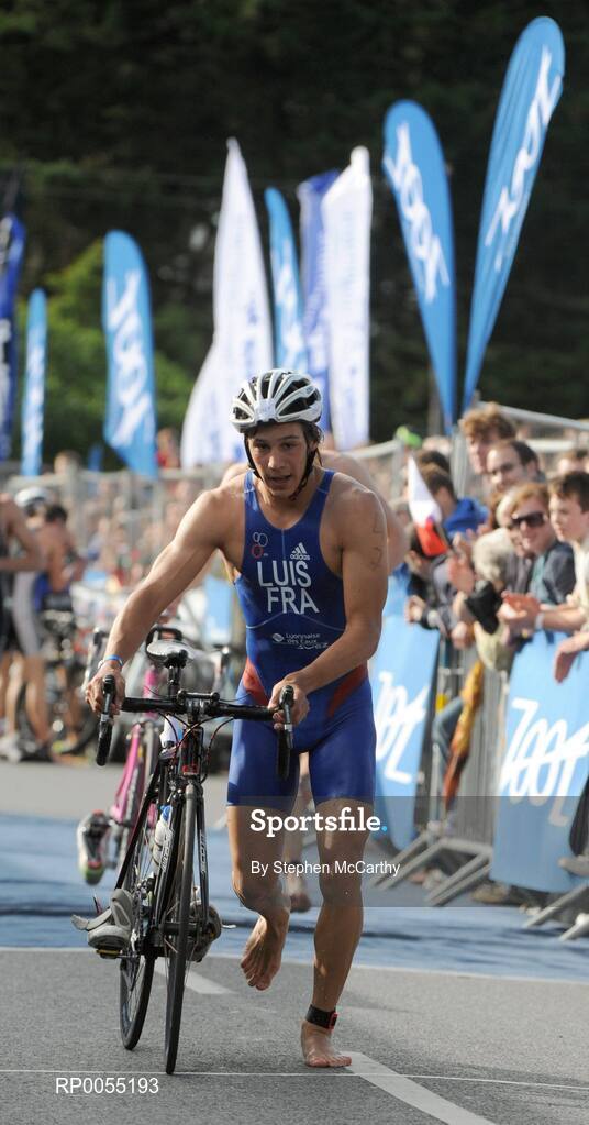 12 July 2008; Eventual winner of the Men's Elite Race Vincent Luis, France, after passing through the transition zone between the swimming and cycling discipline at the triAthlone event. Over 1,500 competitors took part in the third running of triAthlone sponsored by Waterways Ireland. triAthlone will host the European Triathlon Championships in 2010, the first time the event has ever been held in Ireland. Waterways Ireland triAthlone Triathlon, Athlone, Co. Westmeath. Picture credit: Stephen McCarthy / SPORTSFILE