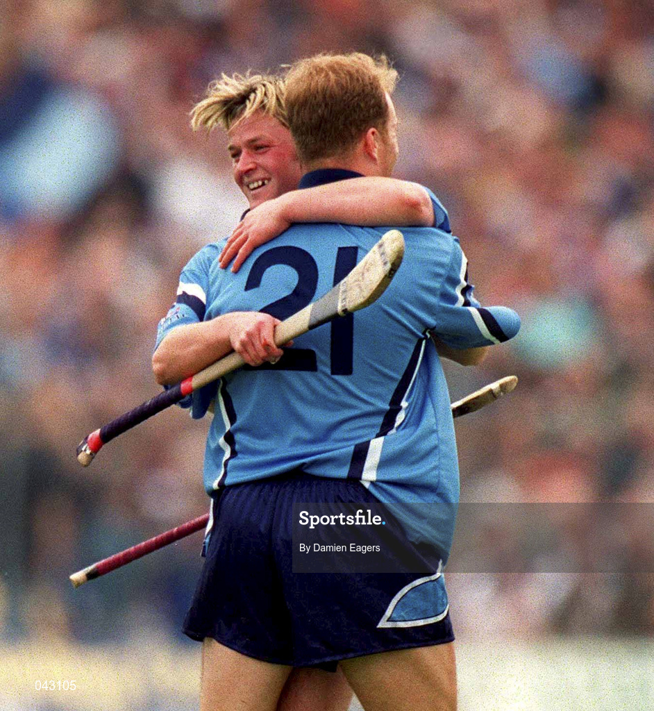 5 June 2000; Tomas McGrane celebrates with his Dublin team-mate Derek McMullen, 21, following their victory in the Guinness Leinster Senior Hurling Championship Play-off match between Dublin and Laois at O'Connor Park in Tullamore, Offaly. Photo by Damien Eagers/Sportsfile