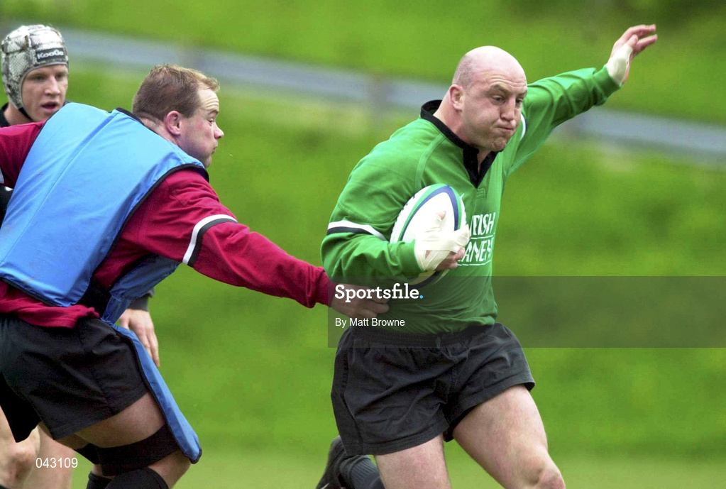 6 June 2000; Keith Wood is tackled by Frank Sheahan during an Ireland Rugby training session in Manchester, New Hampshire, USA. Photo by Matt Browne/Sportsfile