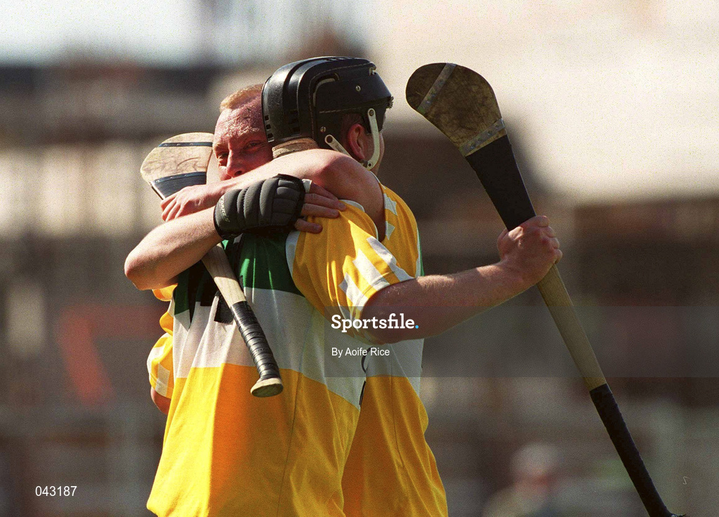 18 June 2000; Offaly's Joe Errity celebrates scoring his sides second goal with teammate John Troy, left, during the Guinness Leinster Senior Hurling Championship Semi-Final match between Offaly and Wexford at Croke Park in Dublin. Photo by Aoife Rice/Sportsfile