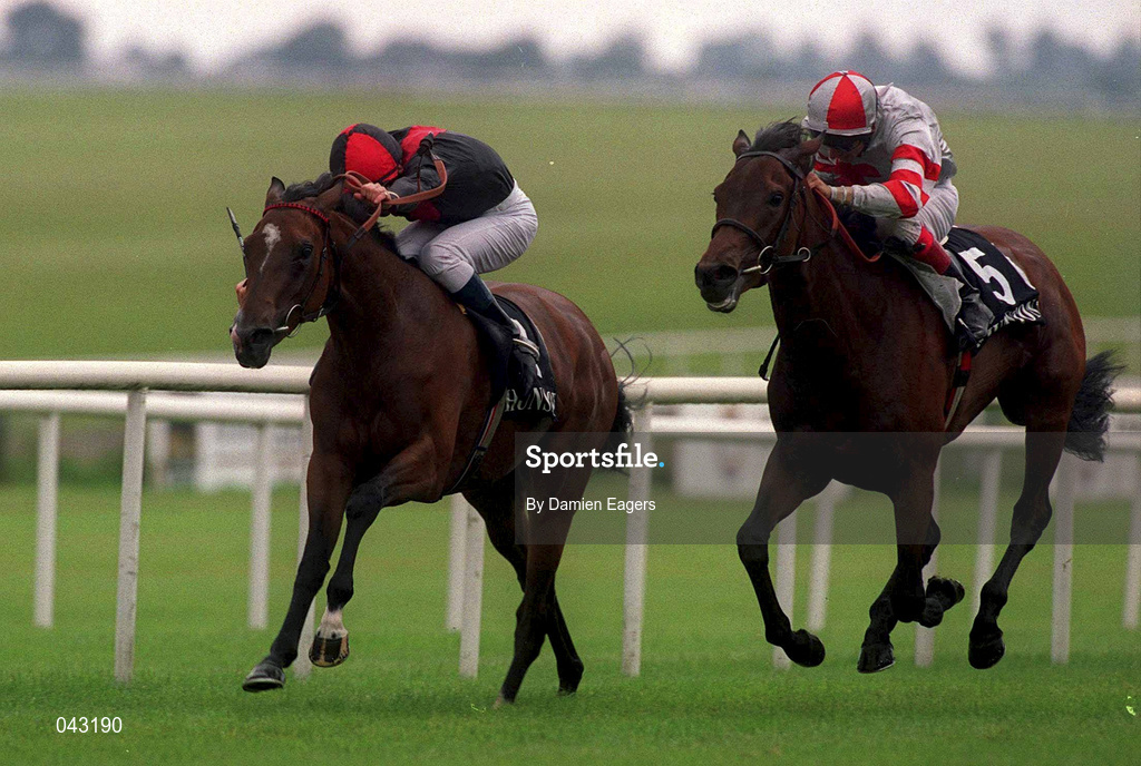 1 July 2000; Lady Upstage, with Michael Hills up, left, on the way to winning The Hunston Financial Pretty Polly Stakes from Preseli, with Eddie Ahern up, at the Curragh Racecourse in Kildare. Photo by Damien Eagers/Sportsfile