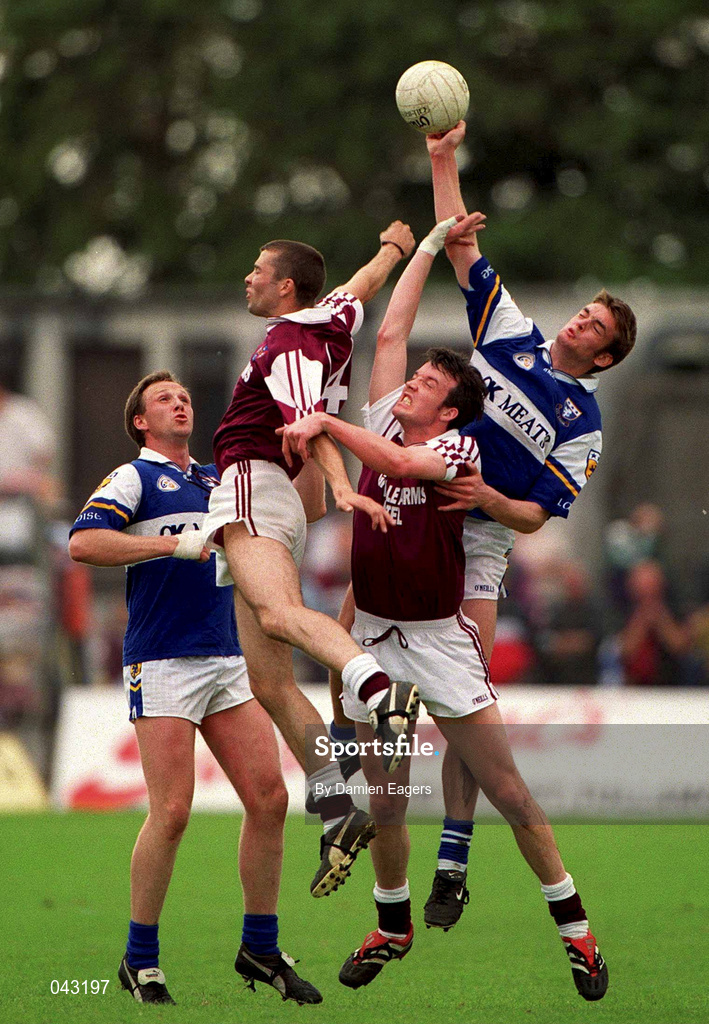 5 June 2000; Noel Garvan, right, and Tony Maher of Laois in action against Paul Conway, left, and Rory O'Connell of Westmeath during the Bank of Ireland Leinster Senior Football Championship Quarter-Final match between Westmeath and Laois at O'Connor Park in Tullamore, Offaly. Photo by Damien Eagers/Sportsfile