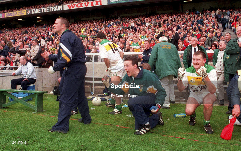 4 June 2000; The Offaly bench celebrate during the closing stages of the Bank of Ireland Leinster Senior Football Championship Quarter-Final match between Offaly and Meath at Croke Park in Dublin. Photo by Damien Eagers/Sportsfile