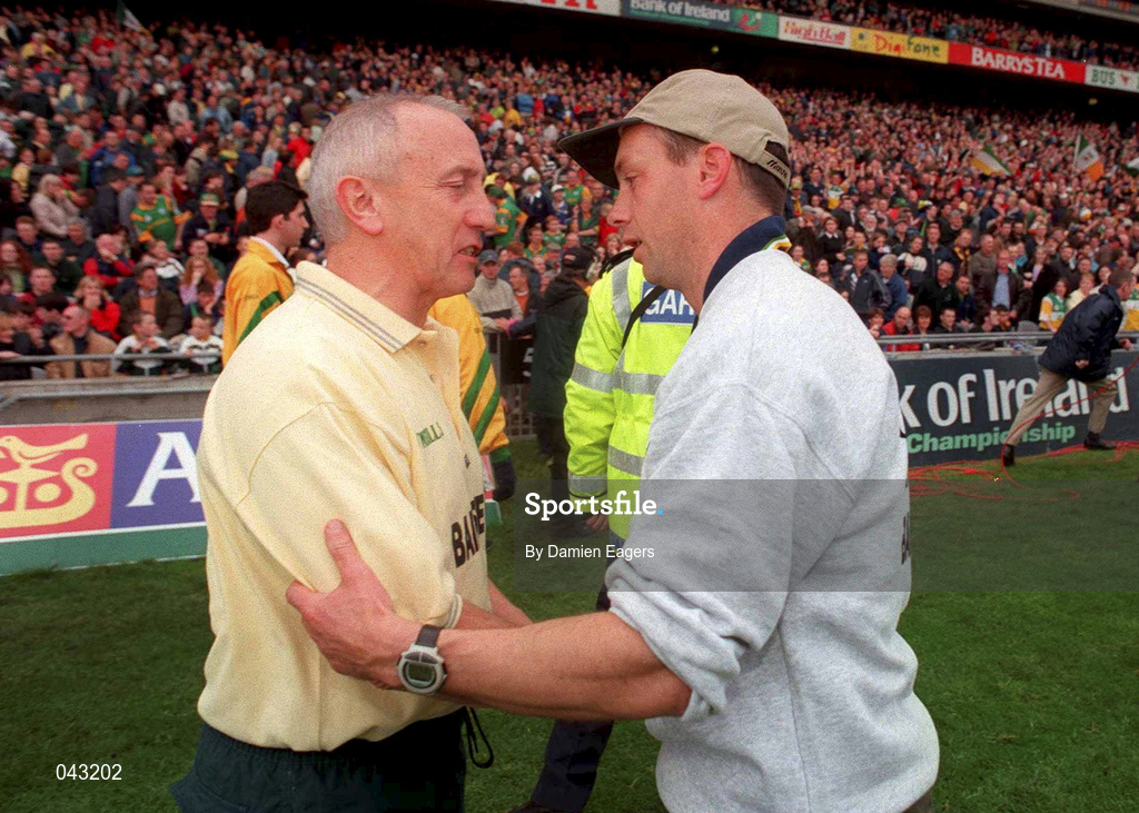 4 June 2000; Offaly manager Padraig Nolan, right, shakes hands with Meath manager Sean Boylan following the Bank of Ireland Leinster Senior Football Championship Quarter-Final match between Offaly and Meath at Croke Park in Dublin. Photo by Damien Eagers/Sportsfile
