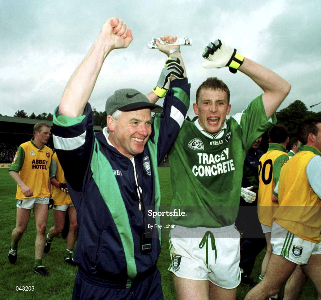 11 June 2000; Fermanagh manager Pat King, left, and Paul Brewster celebrate following the Bank of Ireland Ulster Senior Football Championship Quarter-Final match between Donegal and Fermanagh at MacCumhail Park in Ballybofey, Donegal. Photo by Ray Lohan/Sportsfile