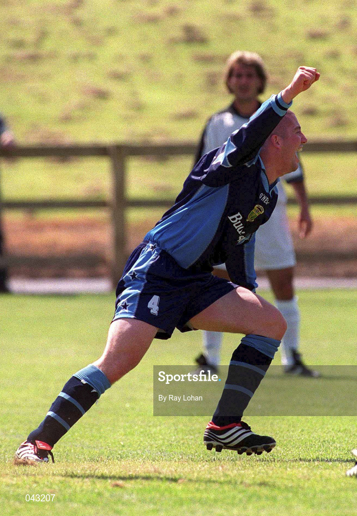 18 June 2000; Robert McAuley of UCD celebrates after scoring his side's first goal during the UEFA Intertoto Cup First Round First Leg match between UCD and Velbazhd Kyustendil at Belfield Park in Dublin. Photo by Ray Lohan/Sportsfile