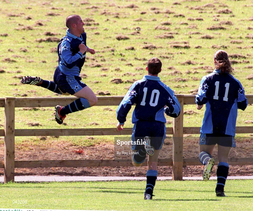 18 June 2000; UCD's Robert McAuley, left, celebrates, after scoring his sides first goal with team mates Eoin Bennis, 10, and Robert Dunne, 11, during the UEFA Intertoto Cup First Round First Leg match between UCD and Velbazhd Kyustendil at Belfield Park in Dublin. Photo by Ray Lohan/Sportsfile