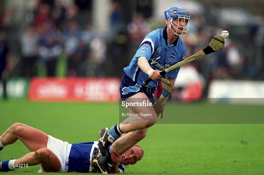 5 June 2000; Stephen Perkins of Dublin is tackled by Declan Conroy of Laois during the Guinness Leinster Senior Hurling Championship Play-off match between Dublin and Laois at O'Connor Park in Tullamore, Offaly. Photo by Damien Eagers/Sportsfile