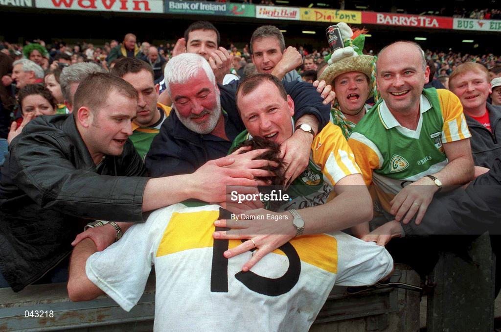 4 June 2000; Offaly's Vinny Claffey celebrates with supporters following the Bank of Ireland Leinster Senior Football Championship Quarter-Final match between Offaly and Meath at Croke Park in Dublin. Photo by Damien Eagers/Sportsfile