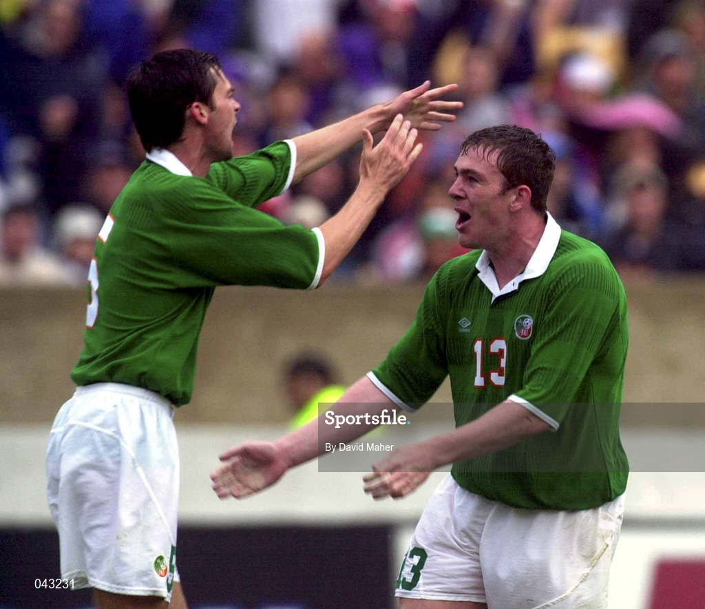 4 June 2000; Richard Dunne celebrates with his Republic of Ireland team-mate Gary Breen, left, after scoring their opening goal during the US Nike Cup game between Republic of Ireland and Mexico at Soldier Field in Chicago, Illnois, USA. Photo by David Maher/Sportsfile