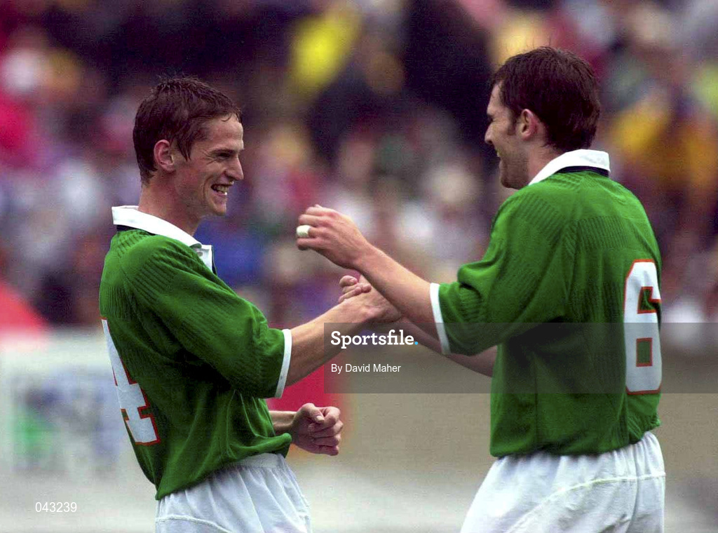 4 June 2000; Dominic Foley celebrates with his Republic of Ireland team-mate Kevin Kibane, right, after scoring their second goal during the US Nike Cup game between Republic of Ireland and Mexico at Soldier Field in Chicago, Illnois, USA. Photo by David Maher/Sportsfile