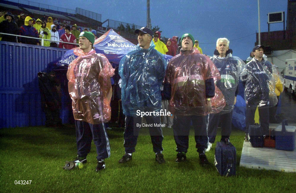 6 June 2000; Republic of Ireland manager Mick McCarthy, second from left, stand for the National Anthem, Amhrán na bhFiann, with, from left, Alan Mahon, Mick Byrne, team physiotherapist, Martin Walsh, team doctor and Ciaran Murray, team physiotherapist, prior to the US Nike Cup match between USA and Republic of Ireland at Foxboro Stadium in Foxborough, Massachusetts, USA. Photo by David Maher/Sportsfile