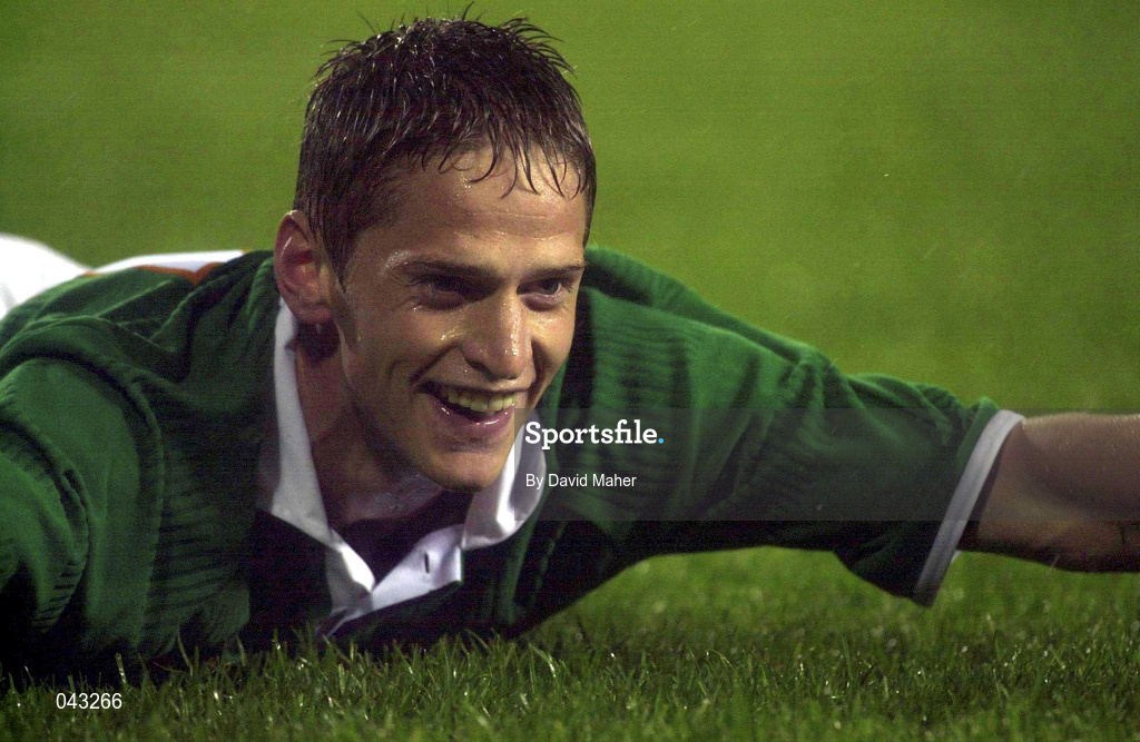 6 June 2000; Dominic Foley of Republic of Ireland celebrates scoring his side's goal during the US Nike Cup match between USA and Republic of Ireland at Foxboro Stadium in Foxborough, Massachusetts, USA. Photo by David Maher/Sportsfile