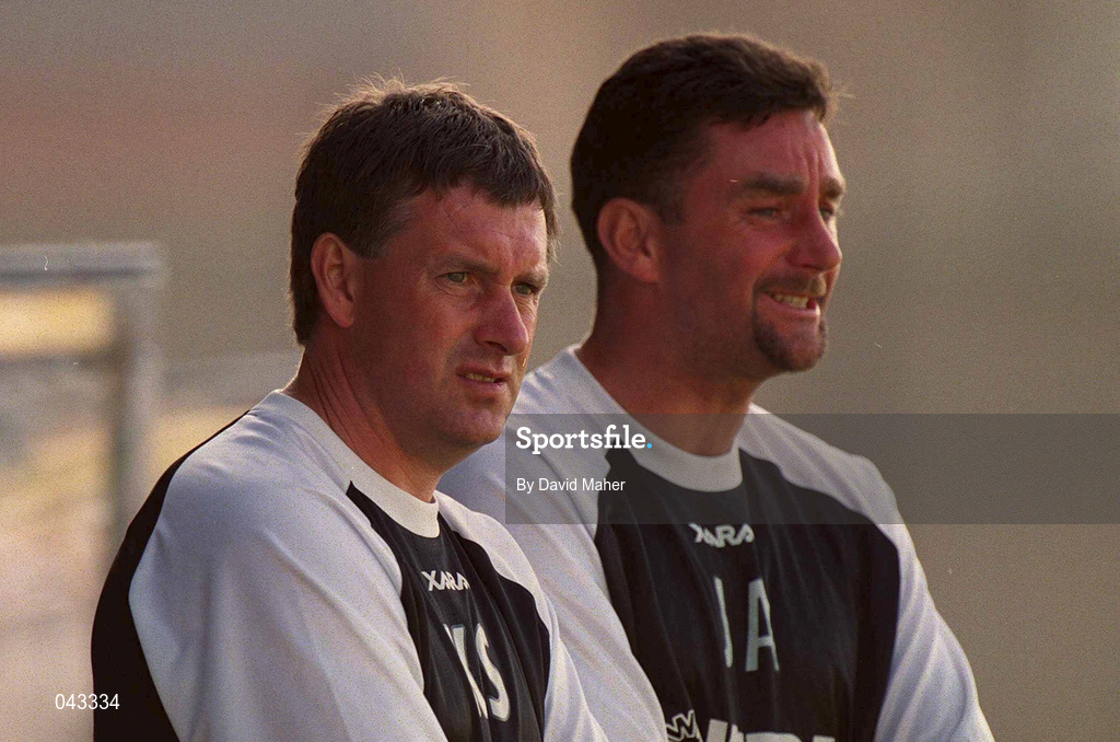 22 July 2000; Tranmere Rovers assistant manager Kevin Sheedy, left, and manager John Aldridge during the Derek Swan Testimonial match between Bohemians and Tranmere Rovers at Dalymount Park in Dublin. Photo by David Maher/Sportsfile