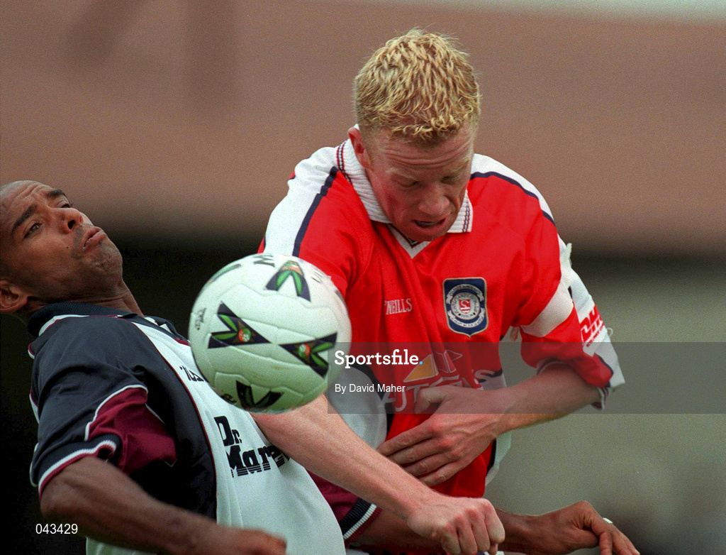 23 July 2000; Trevor Sinclair of West Ham United in action against Stephen McGuinness of St Patrick's Athletic during the Pre-Season Friendly match between St Patrick's Athletic and West Ham United at Richmond Park in Dublin. Photo by David Maher/Sportsfile