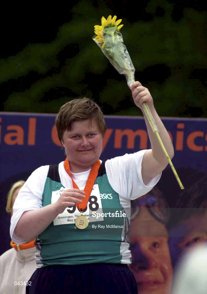 1 June 2000; Janice McDonnell, from Cork, after she was presented with a gold medal for the 25m walk event at the Special Olympics European Games in Groningen, Netherlands. Photo by Ray McManus/Sportsfile