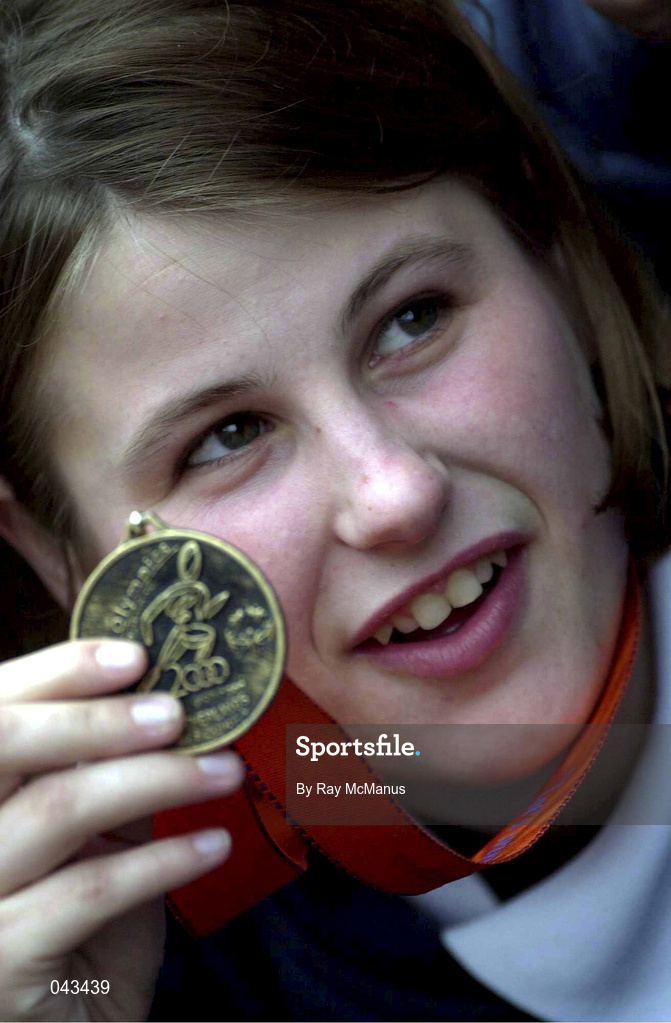 1 June 2000; Janette Webb from Dungannon, Tyrone, shows off her gold medal she won in the 100m athletics event at the Special Olympics European Games in Groningen, Netherlands. Photo by Ray McManus/Sportsfile