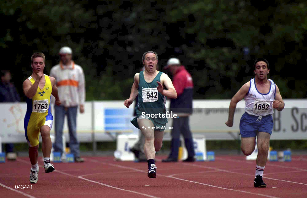1 June 2000; Ireland's Peter McGrath, centre, competes alongside fellow competitors Kent Olof Lindberg of Sweden, left and Ferando Lopez Leon of Spain, right, during the 100m event in which he won the gold medal at the Special Olympics European Games in Groningen, Netherlands. Photo by Ray McManus/Sportsfile