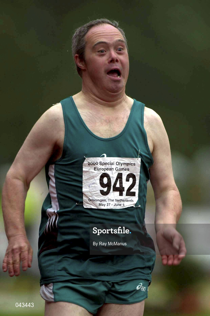 1 June 2000; Ireland's Peter McGrath shows his determination on his way to winning the 100m athletics event at the Special Olympics European Games in Groningen, Netherlands. Photo by Ray McManus/Sportsfile