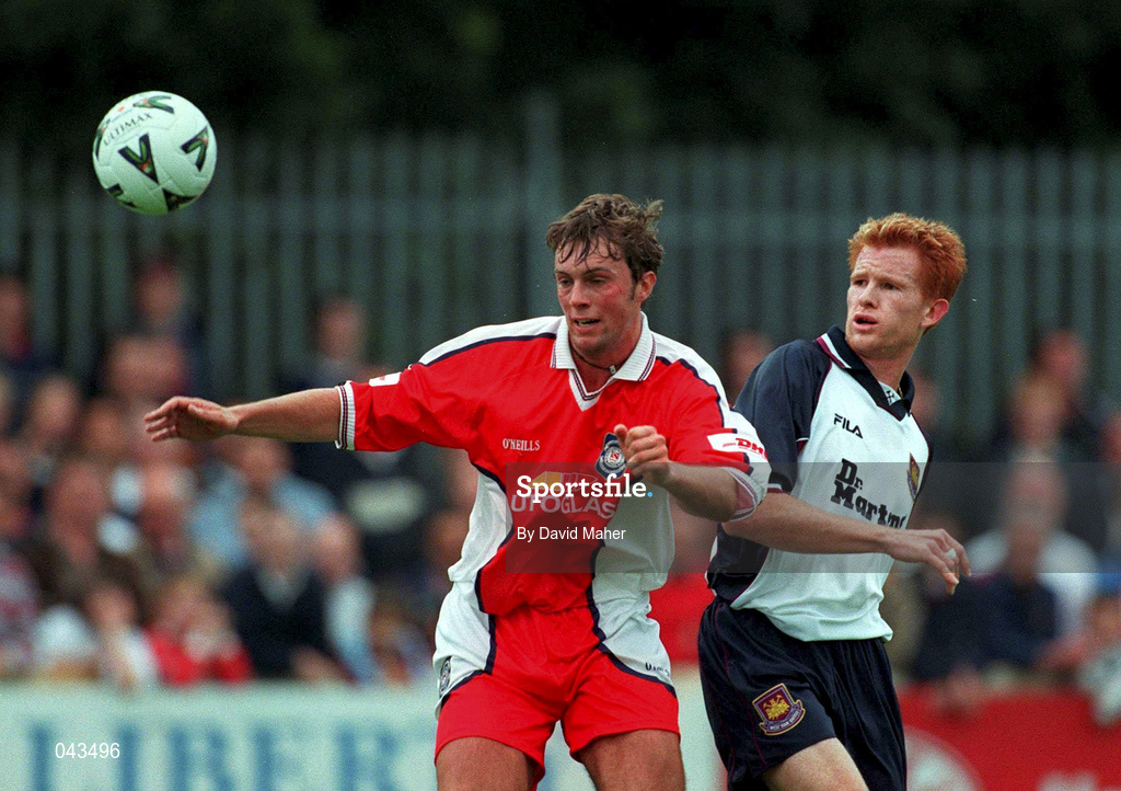 23 July 2000; Jamie Harris of St Patrick's Athletic in action against Hayden Fox of West Ham United during the Pre-Season Friendly match between St Patrick's Athletic and West Ham United at Richmond Park in Dublin. Photo by David Maher/Sportsfile