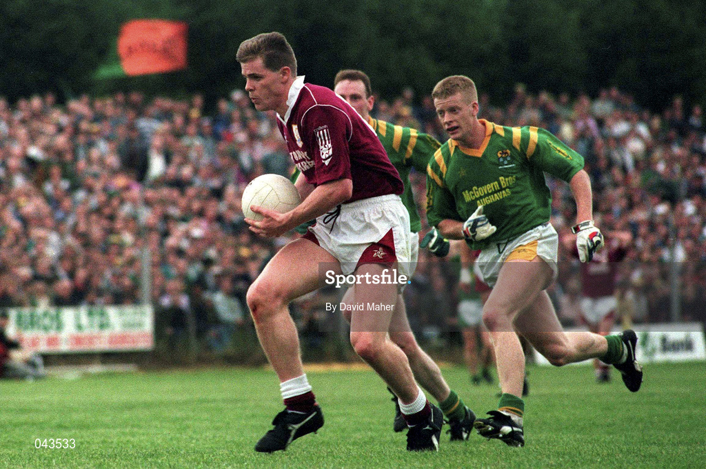 3 July 1994; Niall Finnegan of Galway in action against Declan Darcy of Leitrim during the Connacht Senior Football Championship Semi-Final match between Leitrim and Galway at Páirc Seán Mac Diarmada in Carrick-on-Shannon, Leitrim. Photo by David Maher/Sportsfile