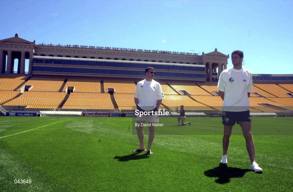3 June 2000; Republic of Ireland's Niall Quinn, right, and Alan Kelly at Solider Field for a pitch walk in advance of their US Nike Cup game against Mexico in Chicago, Illnois, USA. Photo by David Maher/Sportsfile