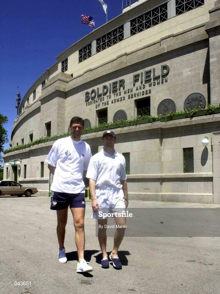 3 June 2000; Republic of Ireland's Niall Quinn, left, and Robbie Keane arrive at Solider Field for a pitch walk in advance of their US Nike Cup game against Mexico in Chicago, Illnois, USA. Photo by David Maher/Sportsfile