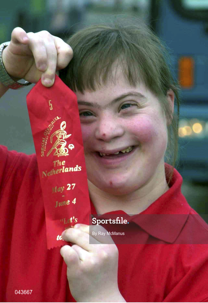 1 June 2000; Damhnait O'Shaughnessy, from Castlerea, Roscommon, shows her ribbon after competing in the gymnastics event at the Special Olympics European Games in Groningen, Netherlands. Photo by Ray McManus/Sportsfile