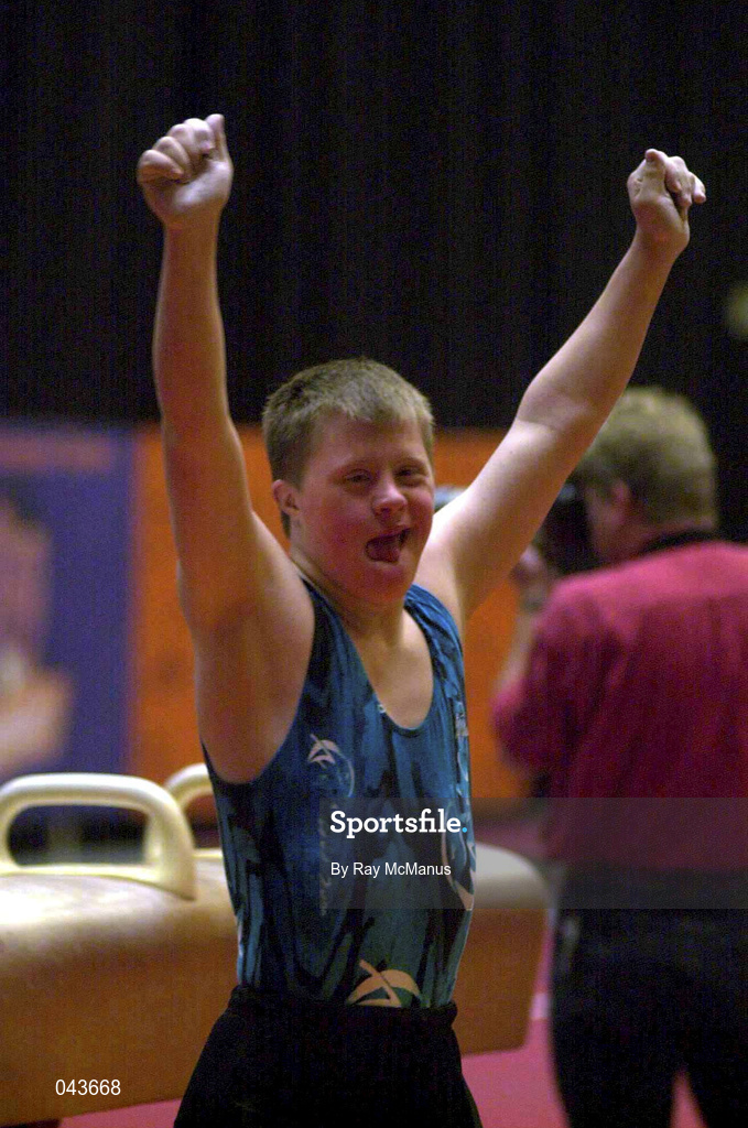 31 May 2000; Ireland's Gerard Shevlin, from Belfast, shows his delight after competing on the Pommell Horse during the Special Olympics European Games in Groningen, Netherlands. Photo by Ray McManus/Sportsfile